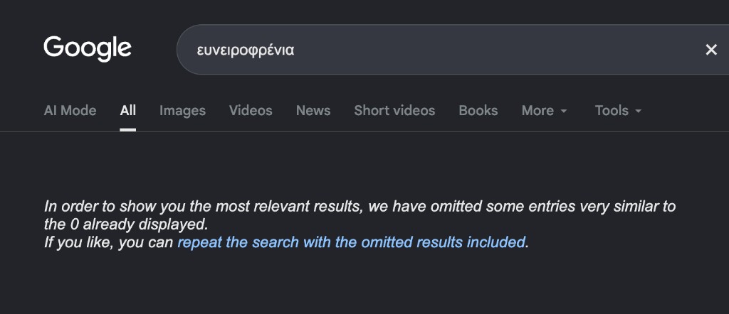 Google search for the Greek spelling of euneirophrenia, with a notice that 0 results were displayed
