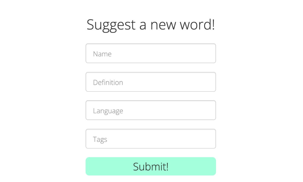 Eunoia form titled Suggest a new word, with fields for Name, Definition, Language, and Tags