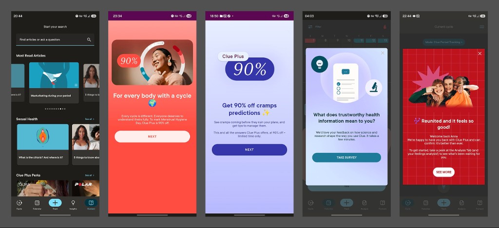 Clue screenshots showing the content tab, Clue Plus promotions, and in-app survey and upsell modals
