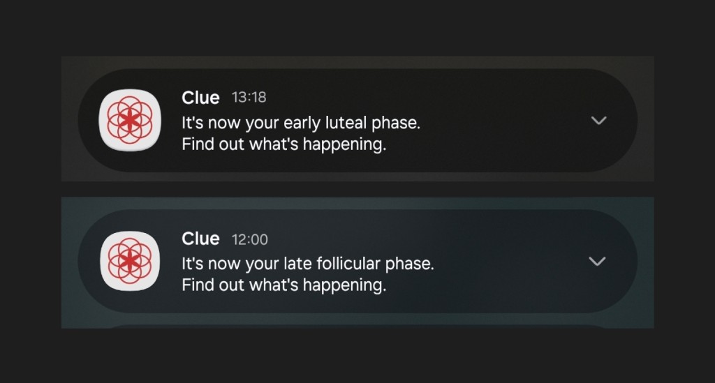 Clue push notifications about early luteal and late follicular phases