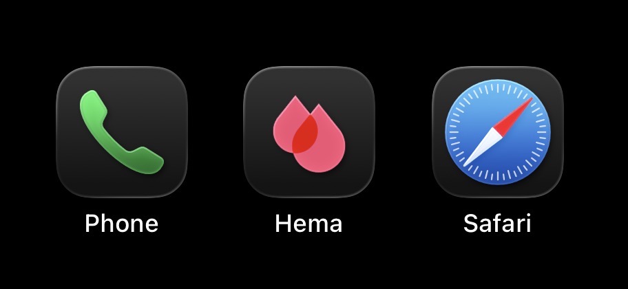 Hema app icon on a phone home screen dock, between Phone and Safari
