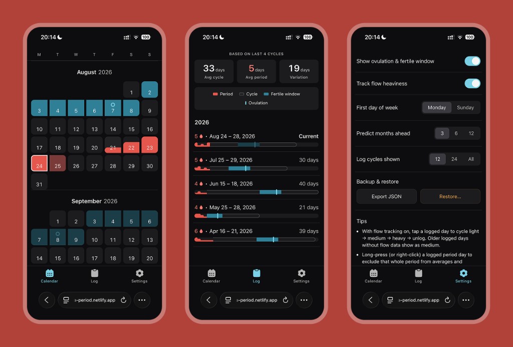 Three phone screenshots of Hema showing the calendar, log, and settings views