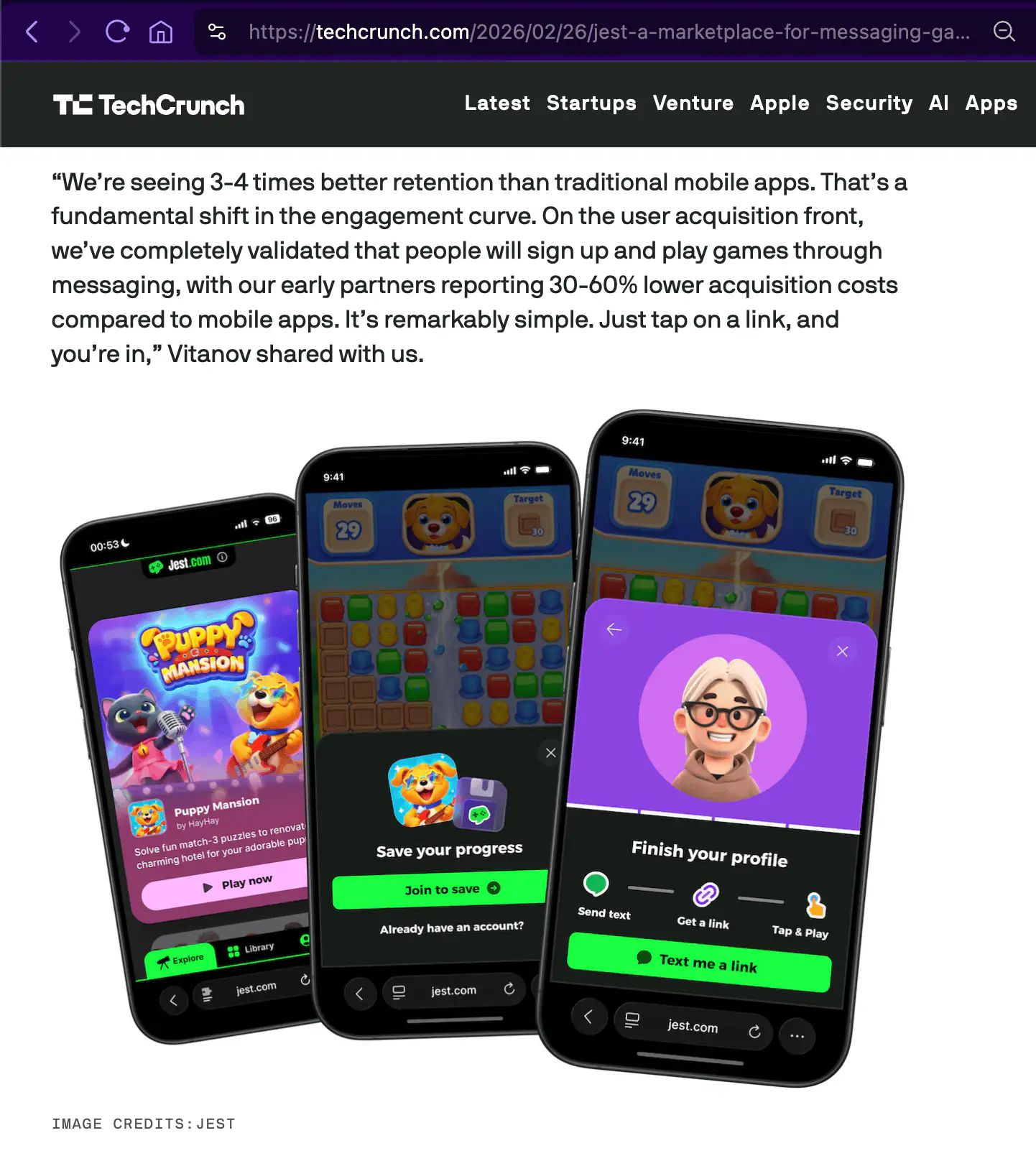 Screenshot of TechCrunch article: Jest, a marketplace for messaging games, is challenging the app store status quo.