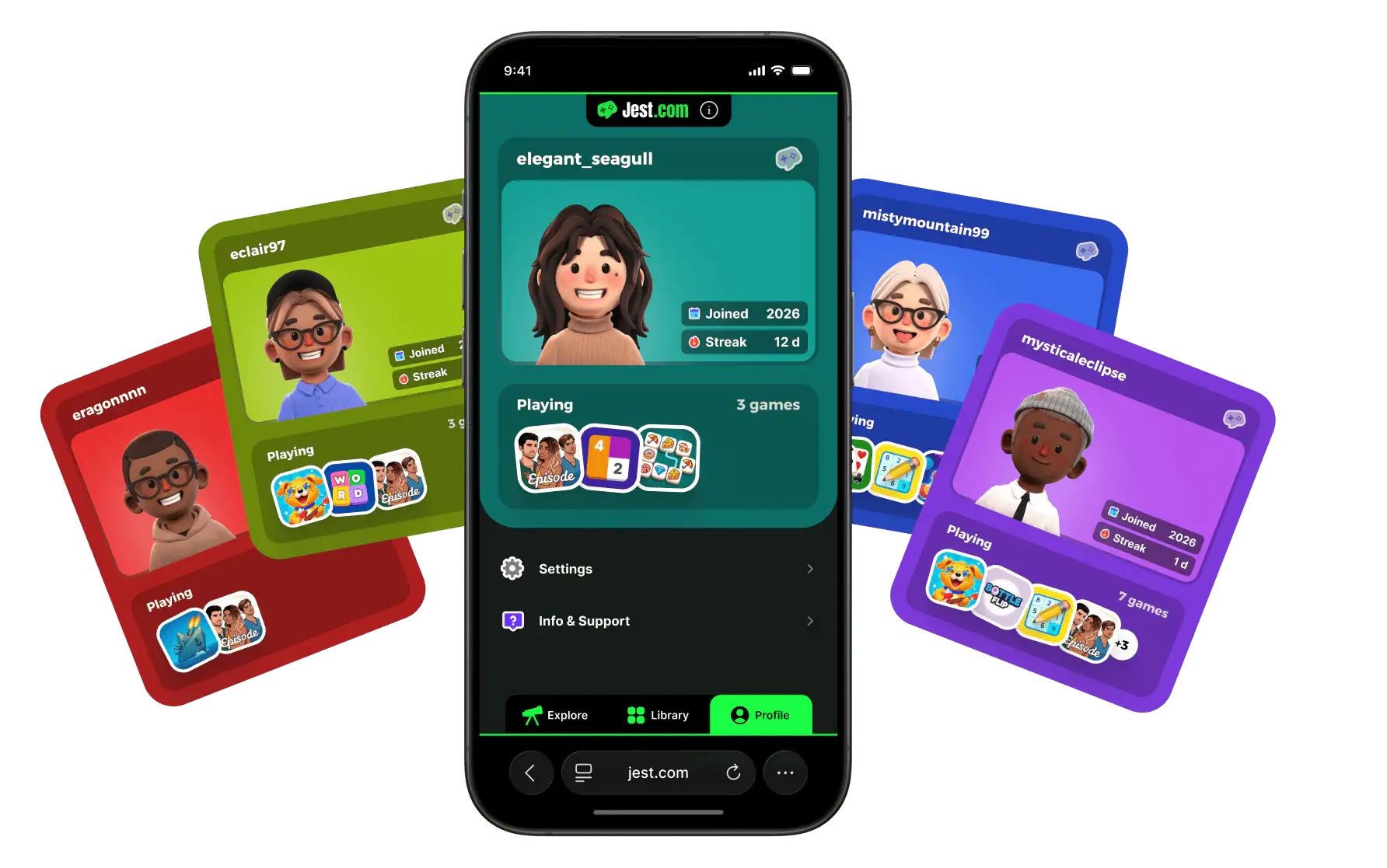 Jest.com profile screen on phone with fanned-out user profile cards.