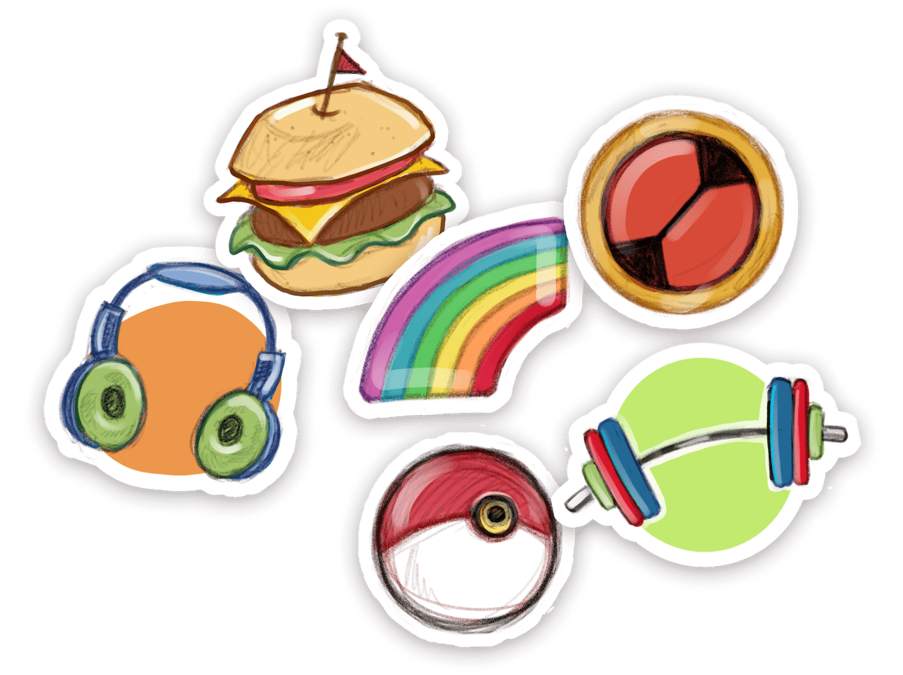 Handdrawn stickers: a burger, headphones, a rainbow, the MegaMan Battle Network emblem, a barbell, and a Pokeball